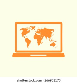 Laptop and world map illustration. World map geography symbol.  Flat design style. Vector EPS 10.