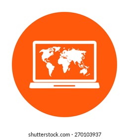 Laptop and world map illustration. World map geography symbol.  Flat design style. Vector EPS 10.