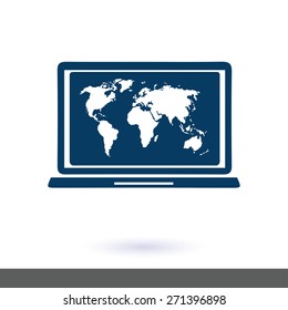Laptop and world map illustration. World map geography symbol.  Flat design style. Vector EPS 10.