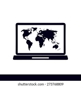 Laptop and world map illustration. World map geography symbol.  Flat design style. Vector EPS 10.
