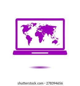 Laptop and world map illustration. World map geography symbol.  Flat design style. Vector EPS 10.