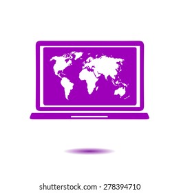 Laptop and world map illustration. World map geography symbol.  Flat design style. Vector EPS 10.