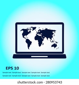 Laptop and world map illustration. World map geography symbol.  Flat design style. Vector EPS 10.