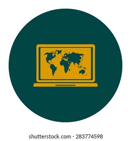 Laptop and world map illustration. World map geography symbol.  Flat design style. Vector EPS 10.