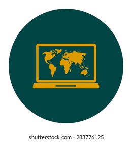 Laptop and world map illustration. World map geography symbol.  Flat design style. Vector EPS 10.