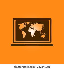 Laptop and world map illustration. World map geography symbol.  Flat design style. Vector EPS 10.
