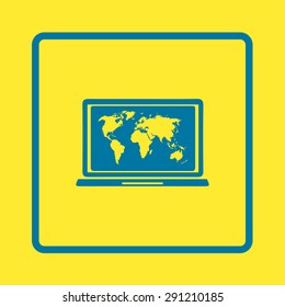 Laptop and world map illustration. World map geography symbol.  Flat design style. Vector EPS 10.