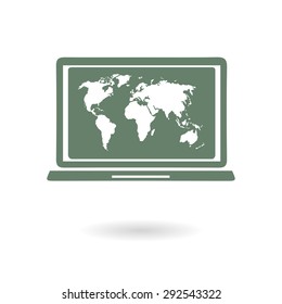 Laptop and world map illustration. World map geography symbol.  Flat design style. Vector EPS 10.