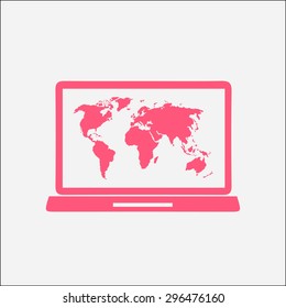 Laptop and world map illustration. World map geography symbol.  Flat design style. Vector EPS 10.
