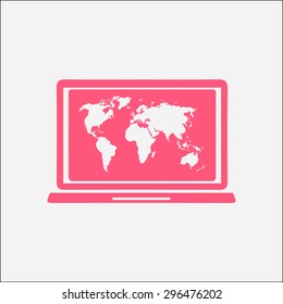 Laptop and world map illustration. World map geography symbol.  Flat design style. Vector EPS 10.