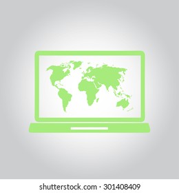 Laptop and world map illustration. World map geography symbol.  Flat design style. Vector EPS 10.