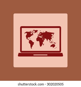 Laptop and world map illustration. World map geography symbol.  Flat design style. Vector EPS 10.