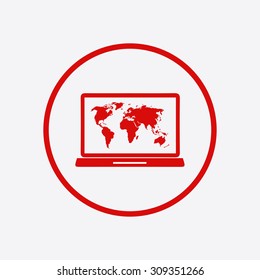 Laptop and world map illustration. World map geography symbol.  Flat design style. Vector EPS 10.