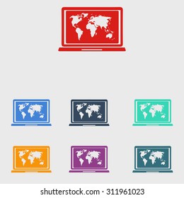 Laptop and world map illustration. World map geography symbol.  Flat design style. Vector EPS 10.