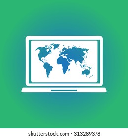 Laptop and world map illustration. World map geography symbol.  Flat design style. Vector EPS 10.