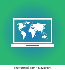 Laptop and world map illustration. World map geography symbol.  Flat design style. Vector EPS 10.