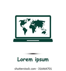 Laptop and world map illustration. World map geography symbol.  Flat design style. Vector EPS 10.