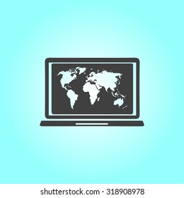 Laptop and world map illustration. World map geography symbol.  Flat design style. Vector EPS 10.