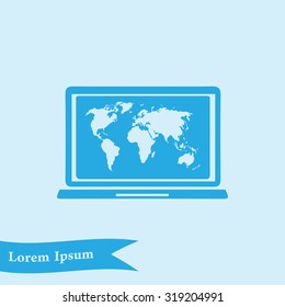 Laptop and world map illustration. World map geography symbol.  Flat design style. Vector EPS 10.