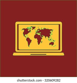 Laptop and world map illustration. World map geography symbol.  Flat design style. Vector EPS 10.