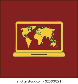 Laptop and world map illustration. World map geography symbol.  Flat design style. Vector EPS 10.