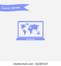 Laptop and world map illustration. World map geography symbol.  Flat design style. Vector EPS 10.