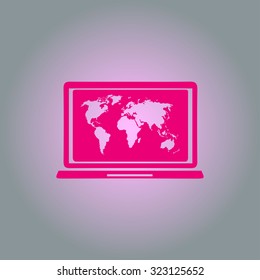 Laptop and world map illustration. World map geography symbol.  Flat design style. Vector EPS 10.