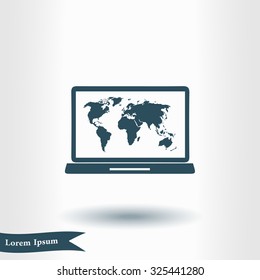 Laptop and world map illustration. World map geography symbol.  Flat design style. Vector EPS 10.