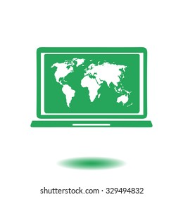 Laptop and world map illustration. World map geography symbol.  Flat design style. Vector EPS 10.