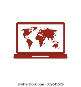 Laptop and world map illustration. World map geography symbol.  Flat design style. Vector EPS 10.