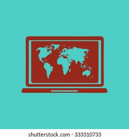 Laptop and world map illustration. World map geography symbol.  Flat design style. Vector EPS 10.