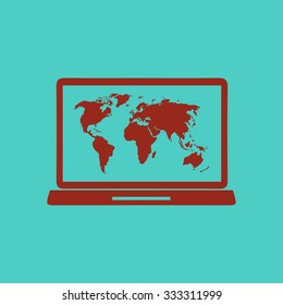 Laptop and world map illustration. World map geography symbol.  Flat design style. Vector EPS 10.