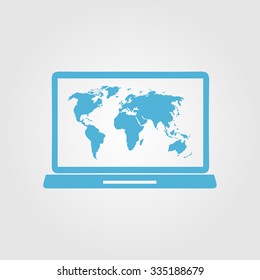 Laptop and world map illustration. World map geography symbol.  Flat design style. Vector EPS 10.