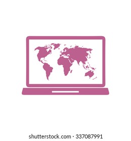 Laptop and world map illustration. World map geography symbol.  Flat design style. Vector EPS 10.