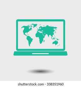 Laptop and world map illustration. World map geography symbol.  Flat design style. Vector EPS 10.