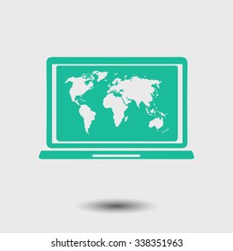 Laptop and world map illustration. World map geography symbol.  Flat design style. Vector EPS 10.