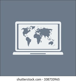 Laptop and world map illustration. World map geography symbol.  Flat design style. Vector EPS 10.
