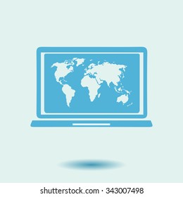 Laptop and world map illustration. World map geography symbol.  Flat design style. Vector EPS 10.