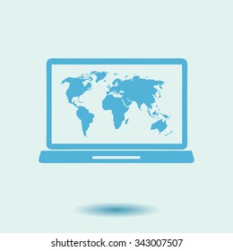 Laptop and world map illustration. World map geography symbol.  Flat design style. Vector EPS 10.