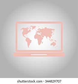 Laptop and world map illustration. World map geography symbol.  Flat design style. Vector EPS 10.