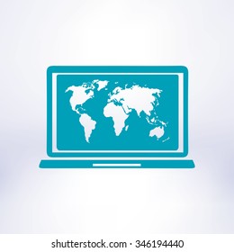 Laptop and world map illustration. World map geography symbol.  Flat design style. Vector EPS 10.