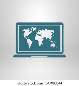 Laptop and world map illustration. World map geography symbol.  Flat design style. Vector EPS 10.