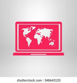 Laptop and world map illustration. World map geography symbol.  Flat design style. Vector EPS 10.