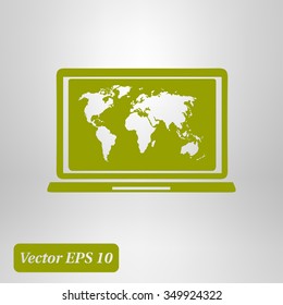 Laptop and world map illustration. World map geography symbol.  Flat design style. Vector EPS 10.