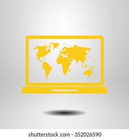 Laptop and world map illustration. World map geography symbol.  Flat design style. Vector EPS 10.