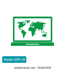 Laptop and world map illustration. World map geography symbol.  Flat design style. Vector EPS 10.