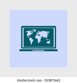 Laptop and world map illustration. World map geography symbol.  Flat design style. Vector EPS 10.