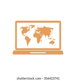 Laptop and world map illustration. World map geography symbol.  Flat design style. Vector EPS 10.