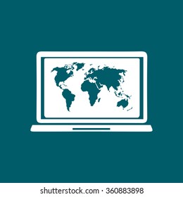 Laptop and world map illustration. World map geography symbol.  Flat design style. Vector EPS 10.