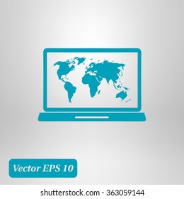 Laptop and world map illustration. World map geography symbol.  Flat design style. Vector EPS 10.